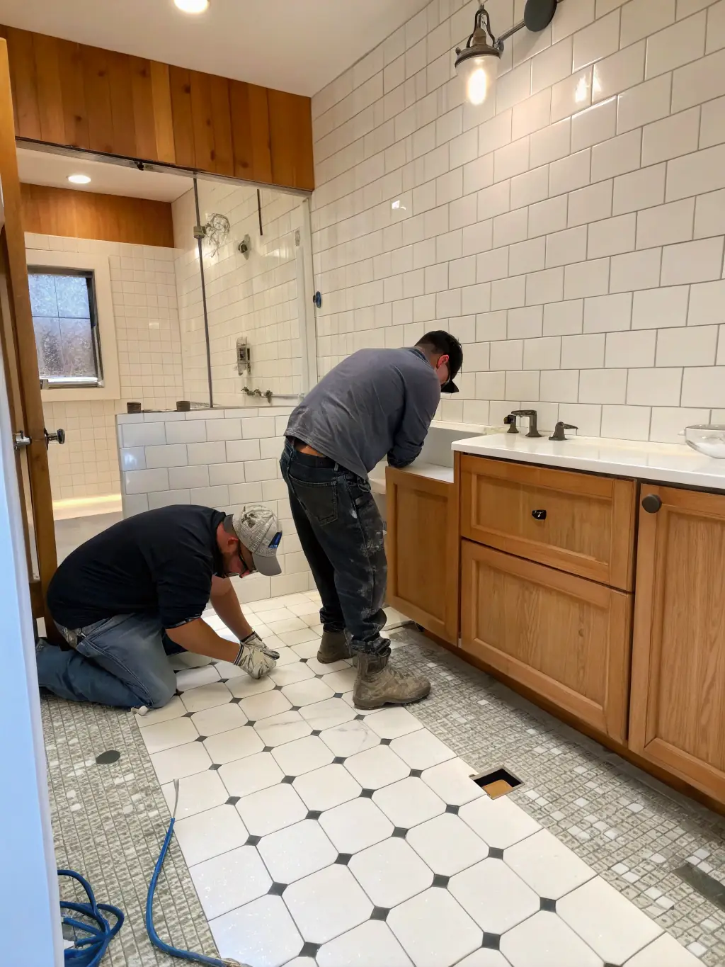 A medium shot of a bathroom remodeling project in progress, showcasing the installation of new tiles and fixtures, representing Hall Home Maintenance's bathroom renovation services.